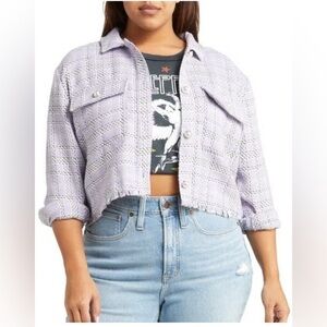 BP Plaid Fringe Tweed Cropped Blazer Jacket Women Size Large Purple Lightweight